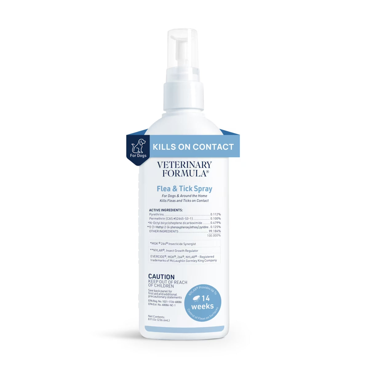 Flea and tick spray for dogs bottle with veterinary formula label showing kills on contact and easy spray nozzle design