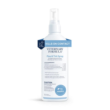 Flea and tick spray for dogs bottle with veterinary formula label showing kills on contact and easy spray nozzle design