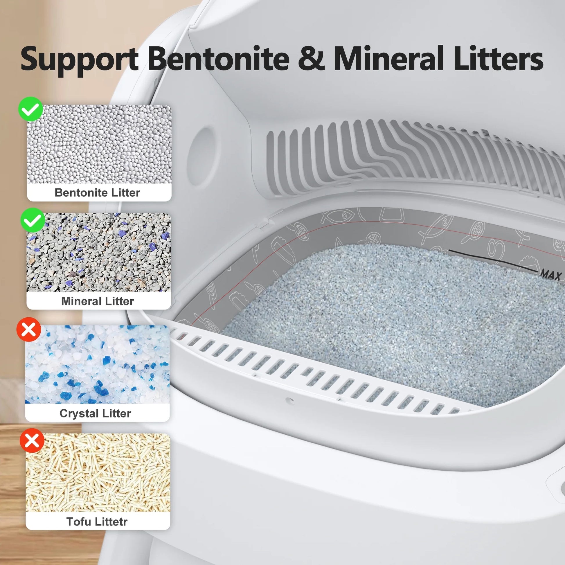 Self-Cleaning Litter Box supports Bentonite and Mineral litters with examples of compatible and incompatible types.