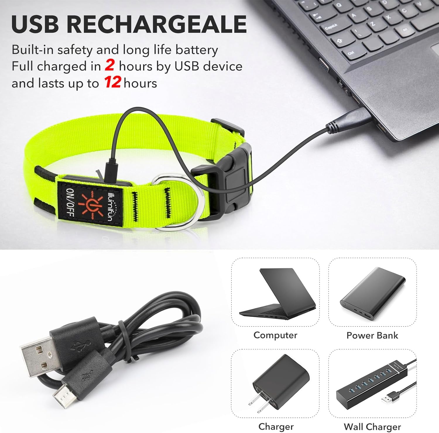 LED dog collar with USB recharging feature highlighted, showing charging process and accessories for nighttime safety.