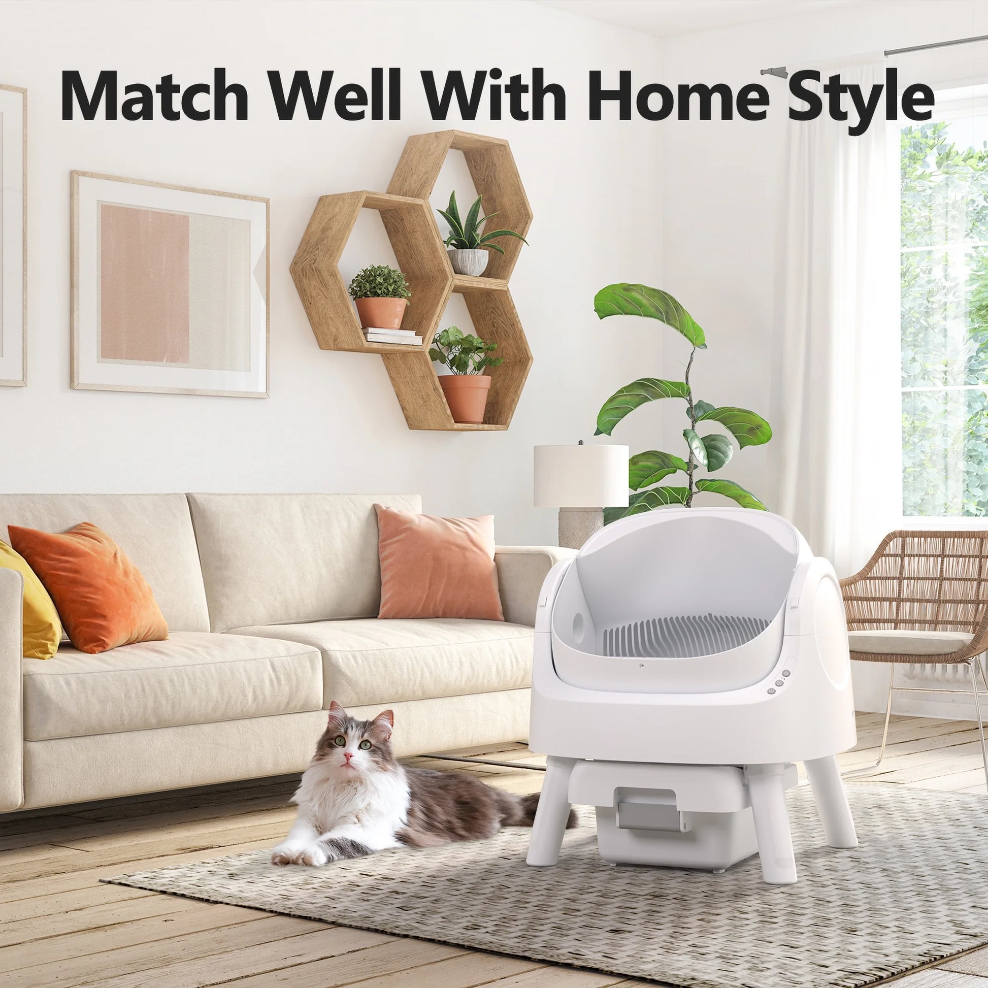 Self-Cleaning Litter Box in a stylish living room with a cat nearby, matching home decor.