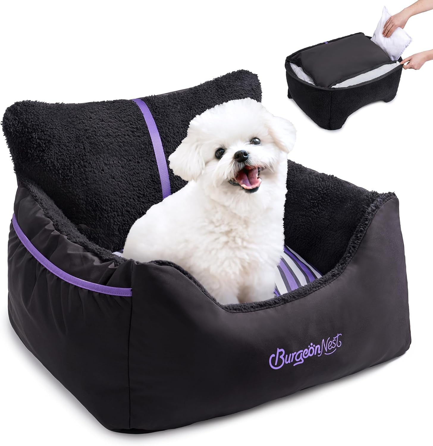 Dog booster car seat for small dogs featuring plush design for comfort and stability during car rides.